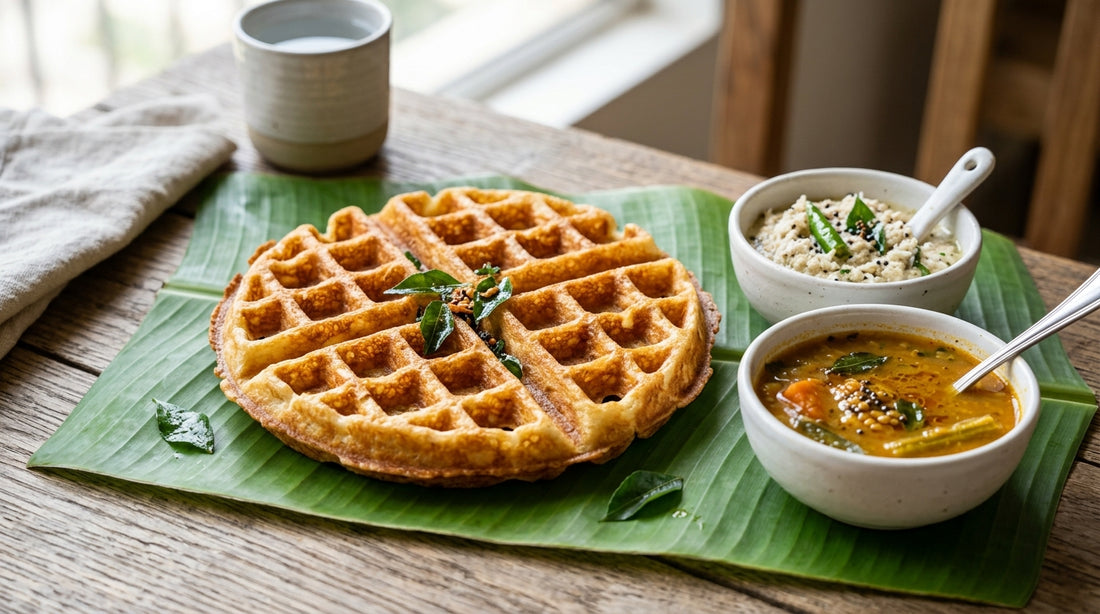 Crispy dosa waffle on banana leaf with coconut chutney and sambar