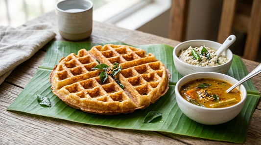 Crispy dosa waffle on banana leaf with coconut chutney and sambar