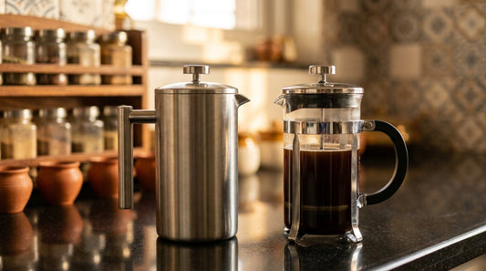 Double wall steel and single wall glass French press side by side