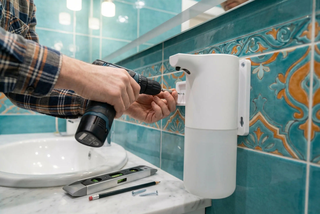 Wall mounted automatic soap dispenser installation in Indian bathroom
