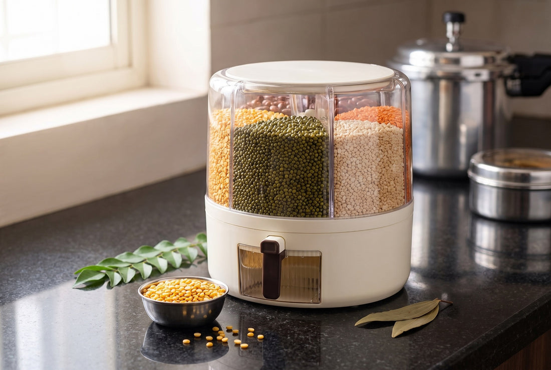 InstaCuppa pulse dispenser with six clear sections of toor, moong, chana, urad, masoor dal and rajma on a granite kitchen counter beside a steel katori of dal
