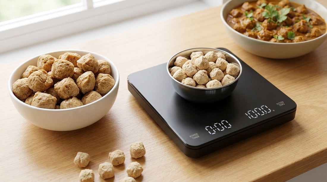 Soya chunks protein per 100g: 100g of dry soya chunks in a steel katori on an InstaCuppa digital scale next to a bigger bowl of soaked soya chunks and a soya curry - InstaCuppa