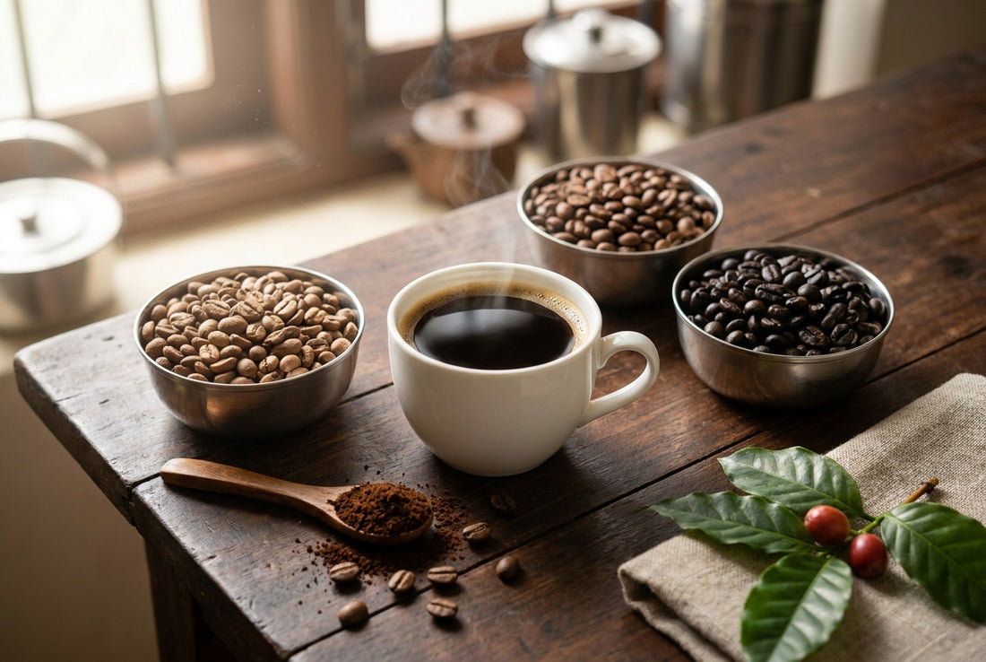Best coffee for black coffee: light, medium and dark roast coffee beans in steel bowls around a cup of black coffee, with ground coffee and coffee cherries on a wooden kitchen table
