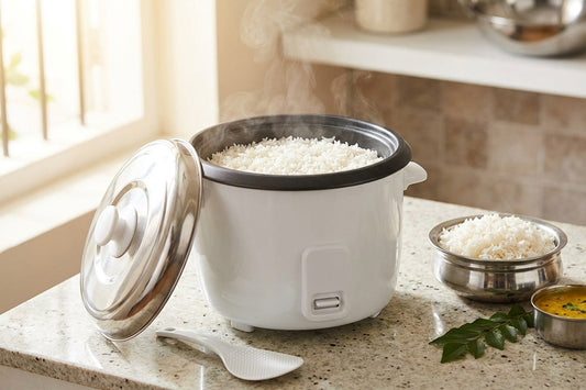 Best electric rice cooker in India: a white 1.8 litre rice cooker with its steel lid open and steaming fluffy white rice in the non-stick inner pot, beside a steel bowl of rice and dal on a kitchen counter
