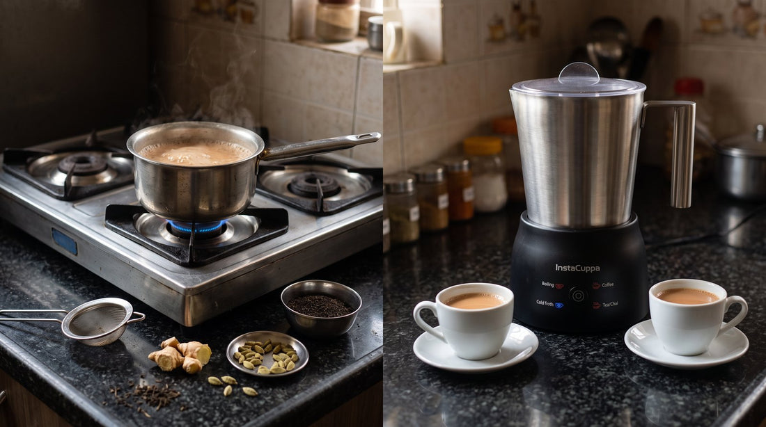 Automatic tea maker vs manual chai: masala chai simmering in a steel pan on a gas stove beside an InstaCuppa automatic chai maker with two cups of chai on a kitchen counter - InstaCuppa