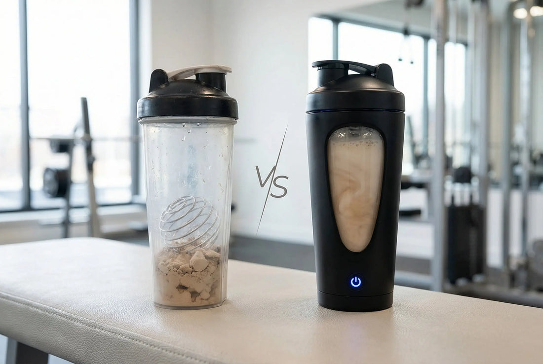 Electric protein shaker vs manual shaker side by side comparison on gym bench