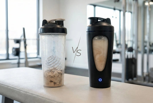 Electric protein shaker vs manual shaker side by side comparison on gym bench