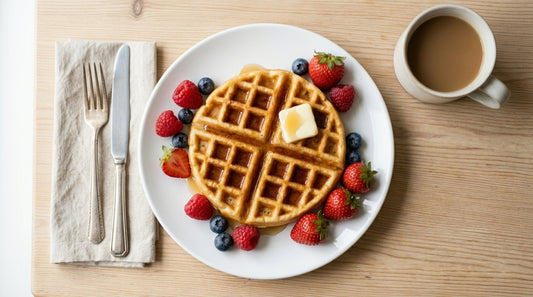 Golden crispy eggless waffle with maple syrup and berries