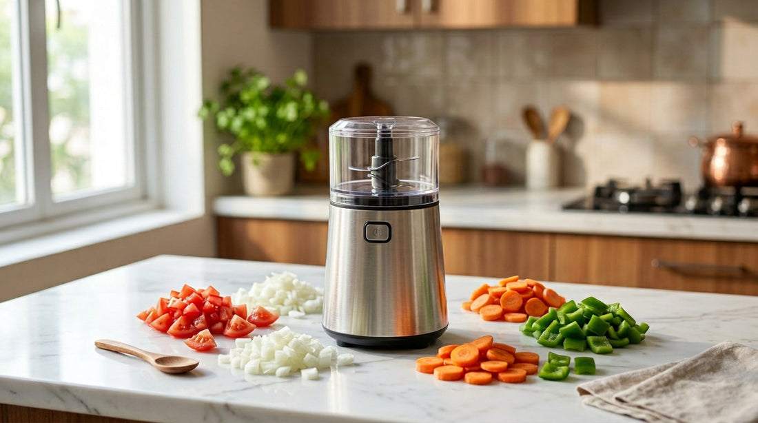 Best electric choppers in India 2026 - comparison of 7 models on kitchen counter with chopped vegetables