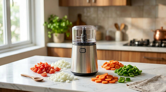 Best electric choppers in India 2026 - comparison of 7 models on kitchen counter with chopped vegetables
