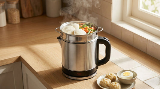 Electric kettle with a steamer basket holding idli and vegetables, with momos and an egg nearby