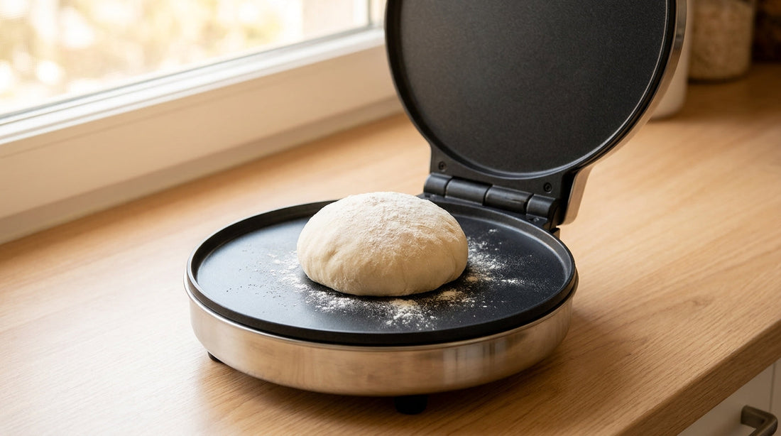 Open electric roti maker with a soft dough ball on the non-stick plate