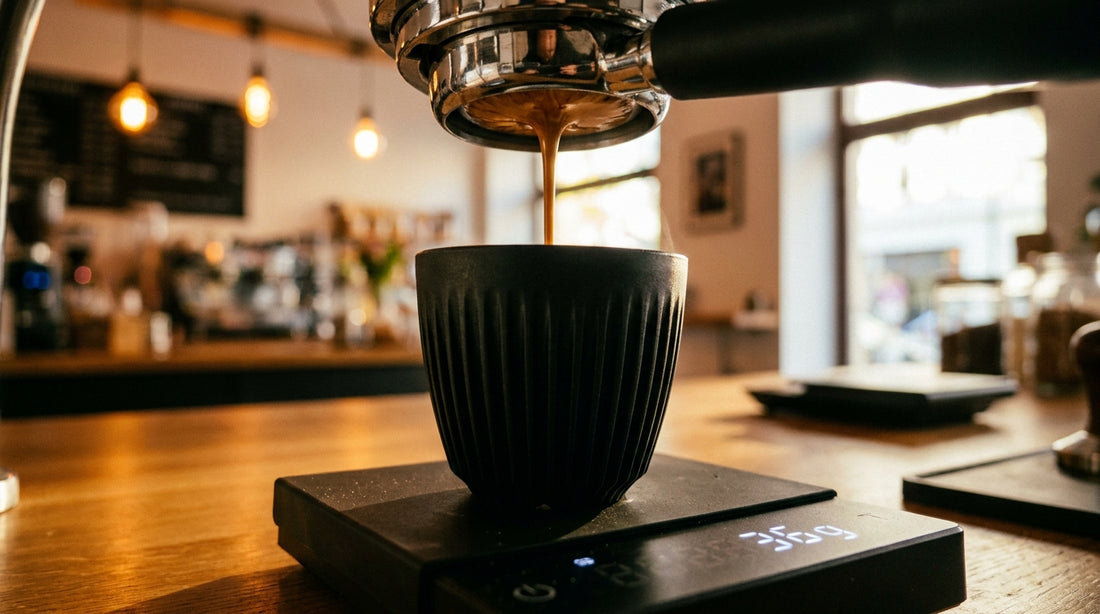 Espresso shot on scale showing 36g with portafilter