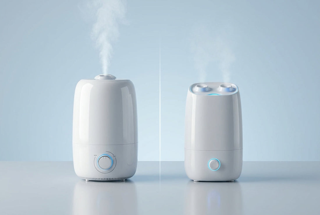 Evaporative humidifier vs ultrasonic — two white InstaCuppa cool mist humidifiers side by side