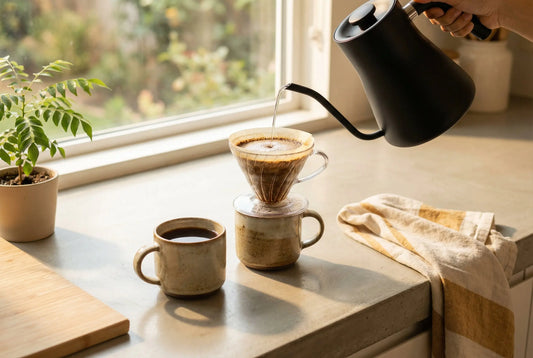 Pour over coffee being brewed with a gooseneck kettle in an Indian kitchen