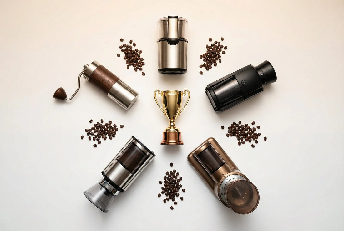 Five best coffee grinders in India 2026 arranged on white surface with coffee beans