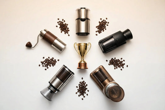 Five best coffee grinders in India 2026 arranged on white surface with coffee beans