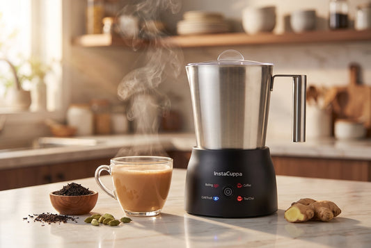 InstaCuppa automatic chai maker with steel carafe beside a glass of masala chai — Wonderchef Chai Magic comparison