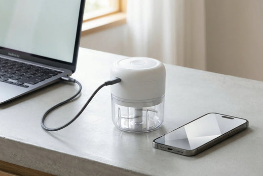 Mini 250ml USB rechargeable food chopper next to smartphone