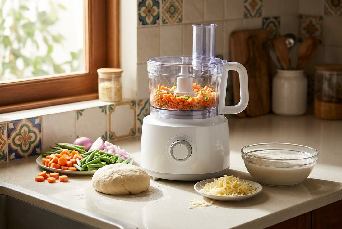 Food processor with chopped vegetables, kneaded dough, grated cheese and batter showing many uses