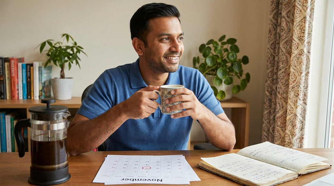 French press 30-day review on desk with calendar