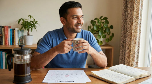 French press 30-day review on desk with calendar