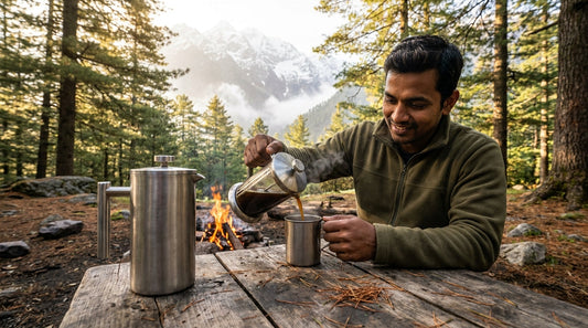French press at a camping site in Indian mountains