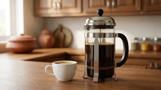 French press next to espresso cup comparison