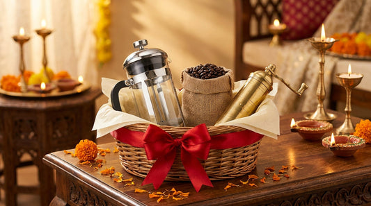 French press gift set in basket with coffee beans