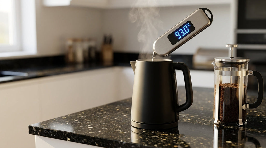 Thermometer showing 93 degrees next to French press