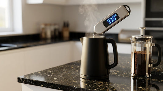 Thermometer showing 93 degrees next to French press