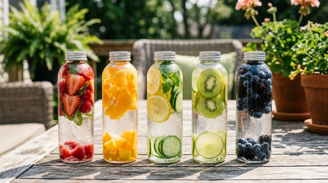 Colorful fruit infuser bottles with different fruit combinations