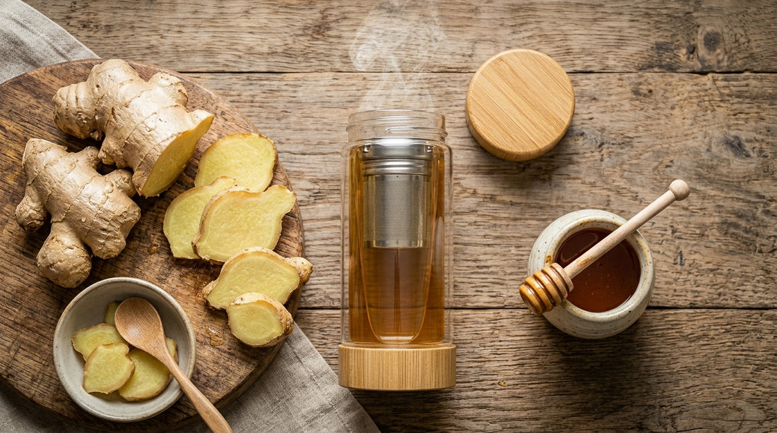 Fresh ginger root with glass tea infuser bottle of golden ginger tea