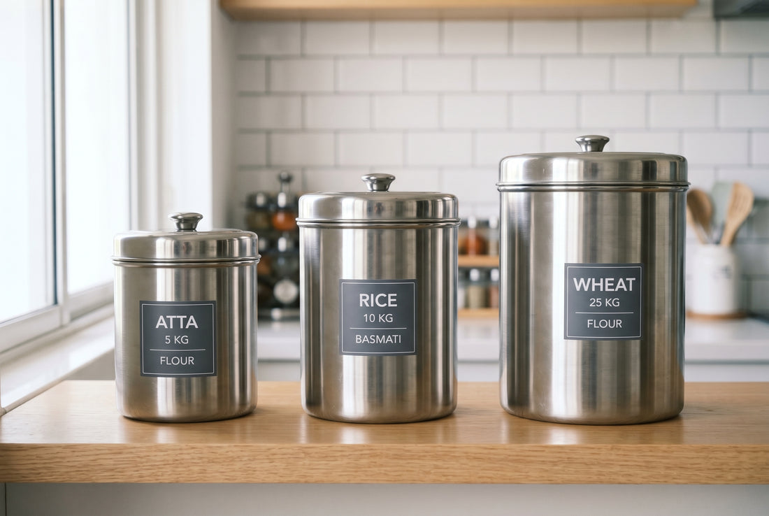 Different sized grain storage containers for Indian families