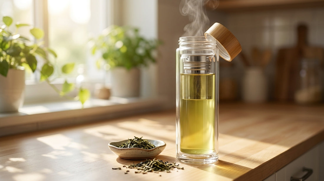 Glass tea infuser bottle with freshly brewed green tea on a kitchen counter