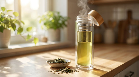 Glass tea infuser bottle with freshly brewed green tea on a kitchen counter