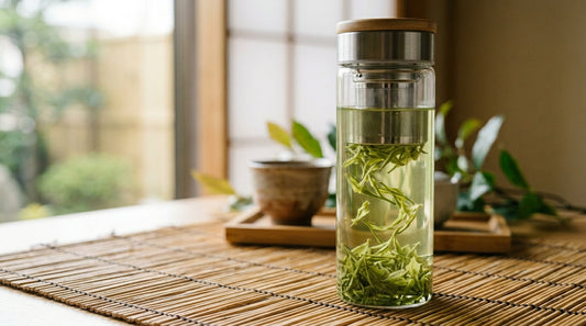 Light green tea in glass infuser bottle on bamboo mat