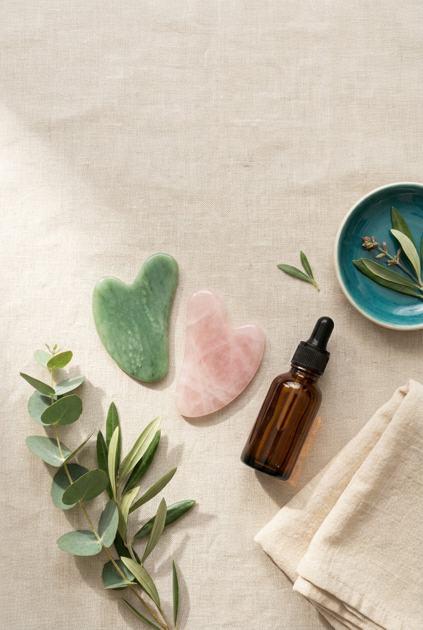 Jade and rose quartz gua sha tools with a bottle of facial oil on a linen surface