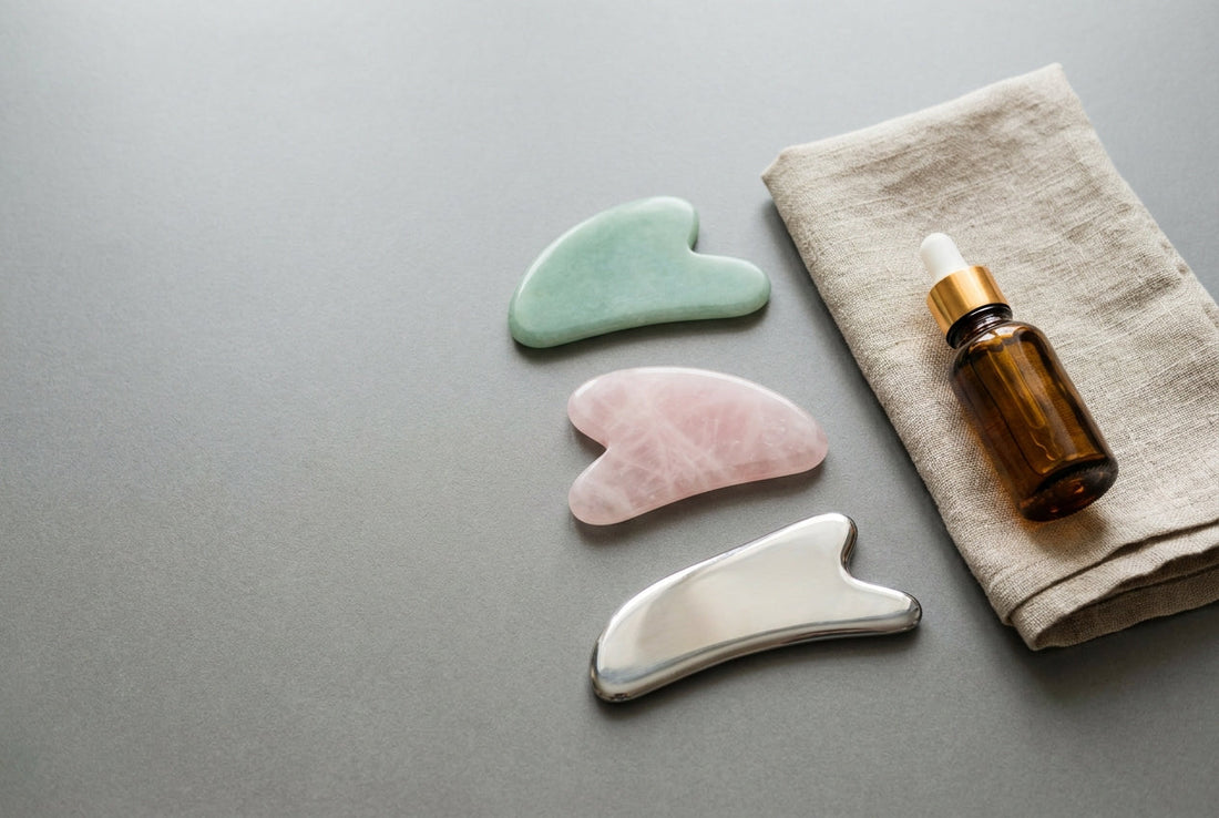 Best gua sha tools in India — jade, rose quartz and stainless steel facial tools with oil