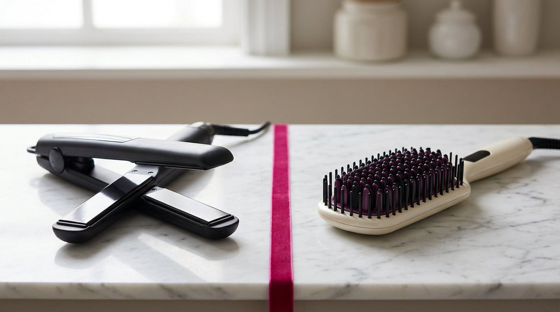 A flat-iron hair straightener and a heated straightening brush side by side on marble