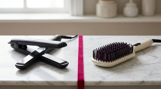 A flat-iron hair straightener and a heated straightening brush side by side on marble