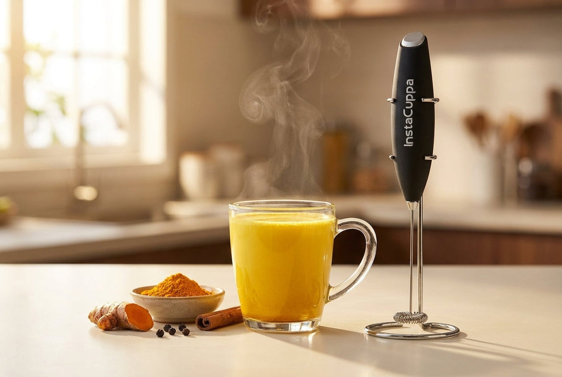 Glass of golden haldi doodh (turmeric milk) with turmeric root and an InstaCuppa milk frother on a kitchen counter
