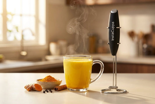 Glass of golden haldi doodh (turmeric milk) with turmeric root and an InstaCuppa milk frother on a kitchen counter