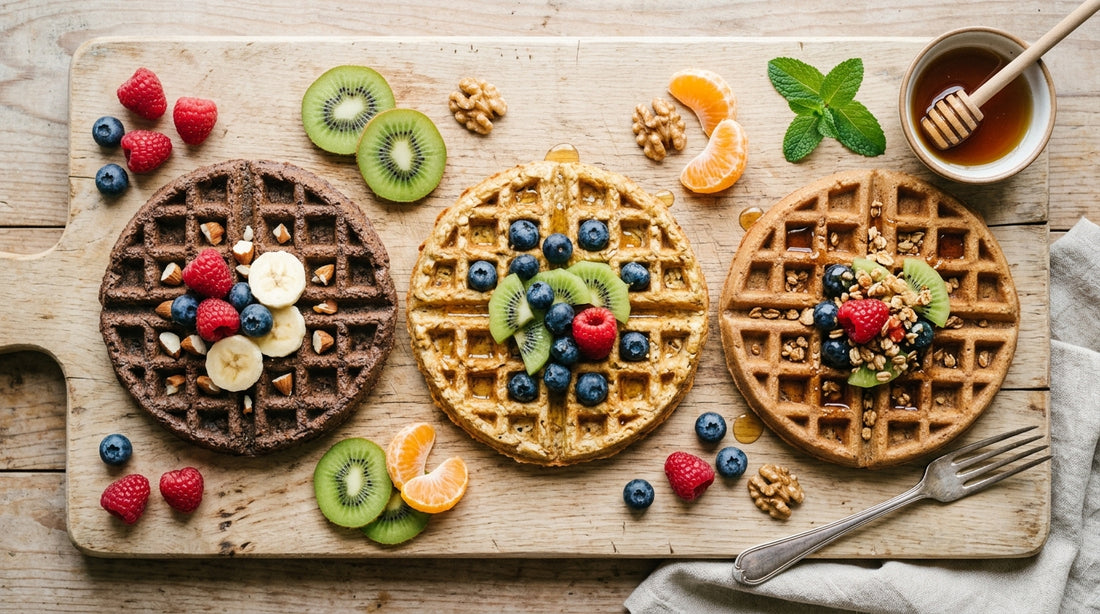 Assortment of healthy ragi oats and atta waffles with fruits