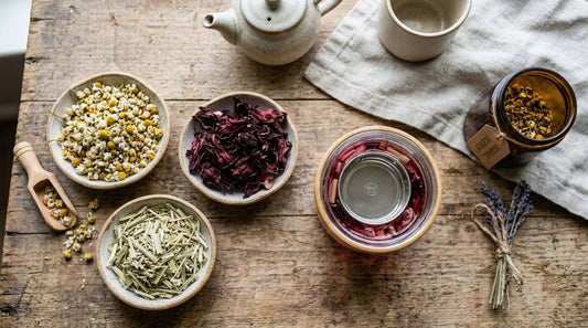 Assortment of dried herbal teas with glass infuser bottle