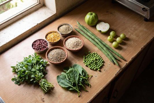 InstaCuppa guide to high fibre Indian foods: bowls of rajma, chana dal, bajra and jowar with fresh methi, spinach, drumsticks, green peas, amla and a guava cut open on a kitchen counter