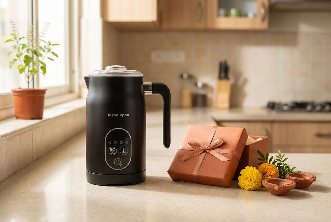 InstaCuppa 4-in-1 electric milk frother beside a wrapped housewarming gift box, marigolds and diyas on an Indian kitchen counter