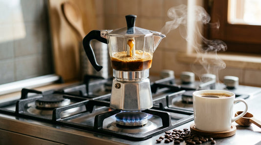 Moka pot on stove with steam showing the science of stovetop espresso brewing
