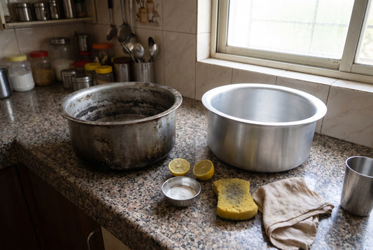 InstaCuppa guide: how to clean aluminium utensils. A blackened aluminium patila next to a clean, shiny one on a kitchen counter, with lemon halves, cream of tartar and a soft sponge