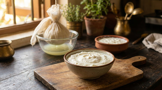 Bowl of thick hung curd with a muslin cloth draining curd and whey in the background